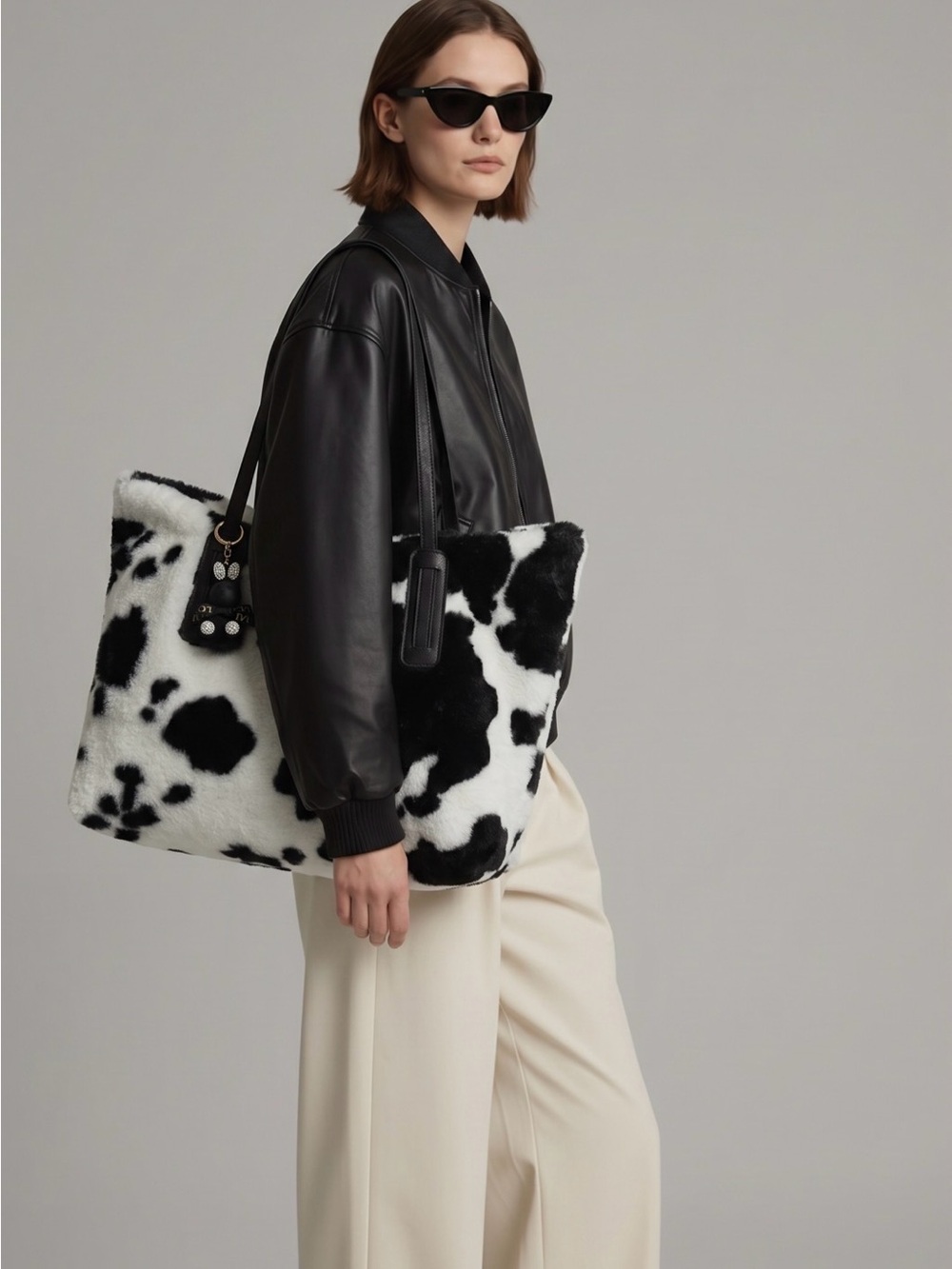 Black and white print tote bag fur NWOT
